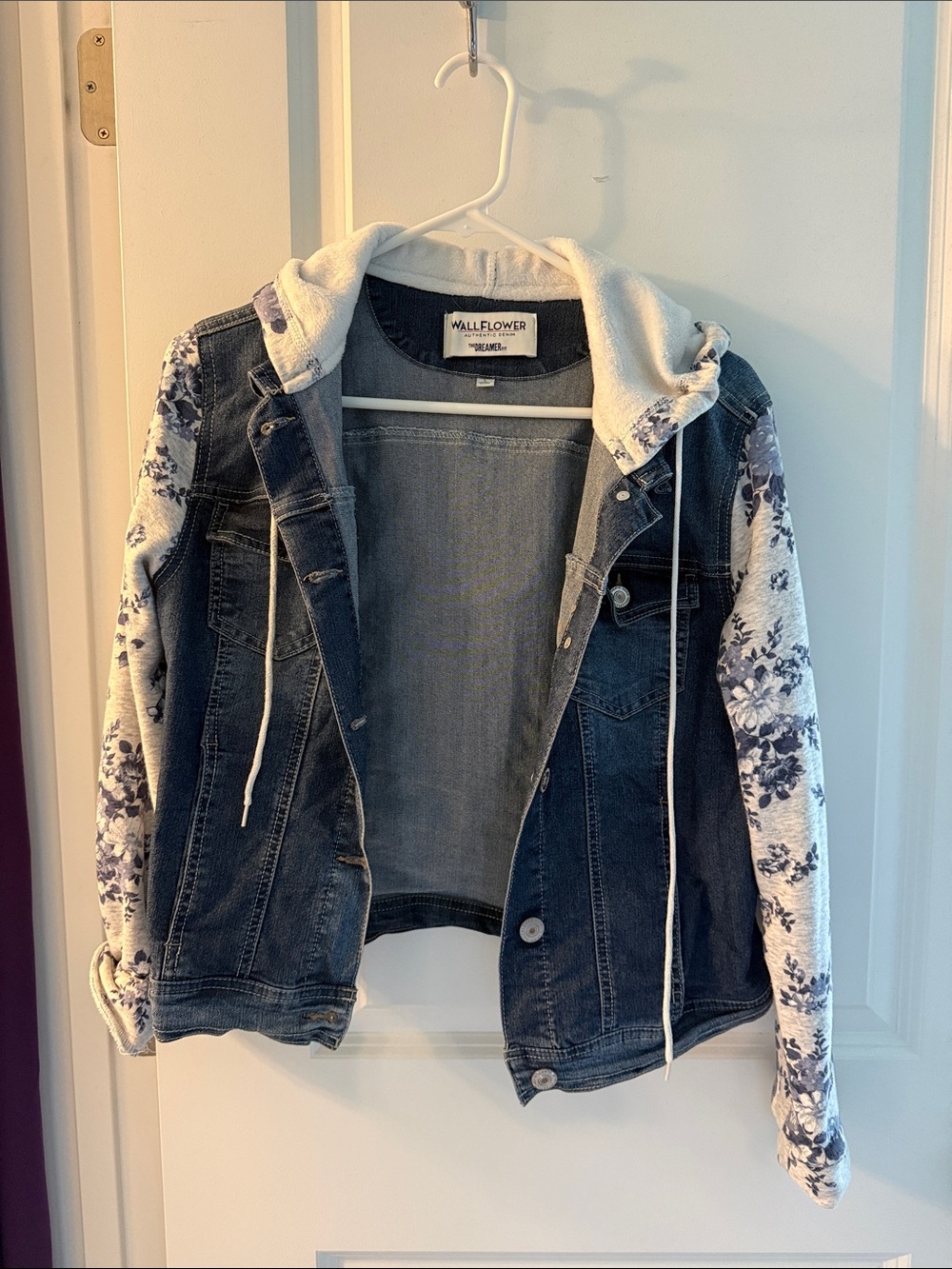 Wallflower Women's Dark Denim Jacket with Floral Hoodie